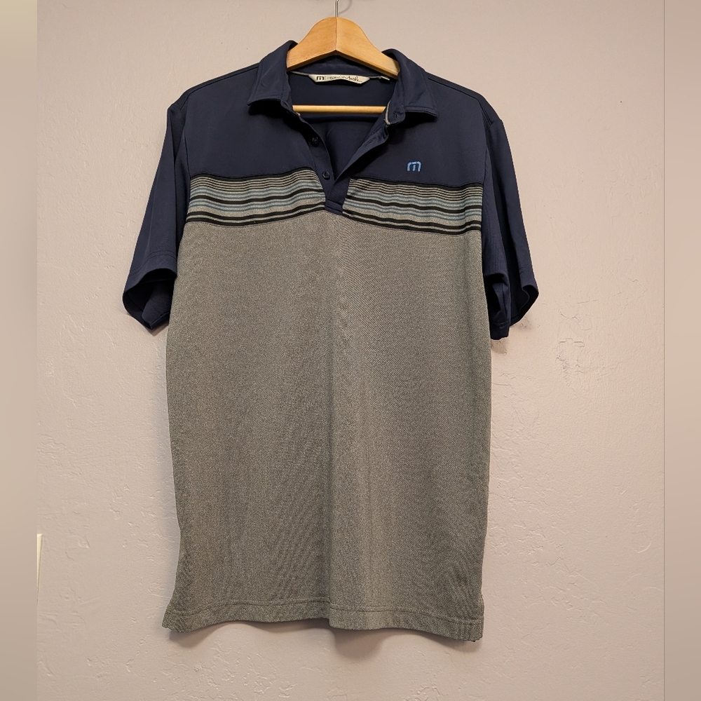 Travis Mathew Navy and Gray Striped Polo